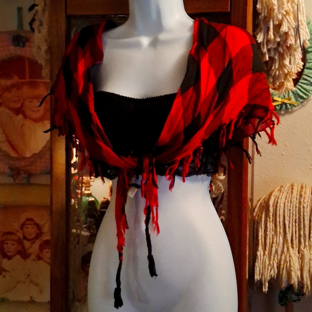 NWT,Vintage,Red & Black,Plaid,Mini Shawl/Wrap with Fringe,OS